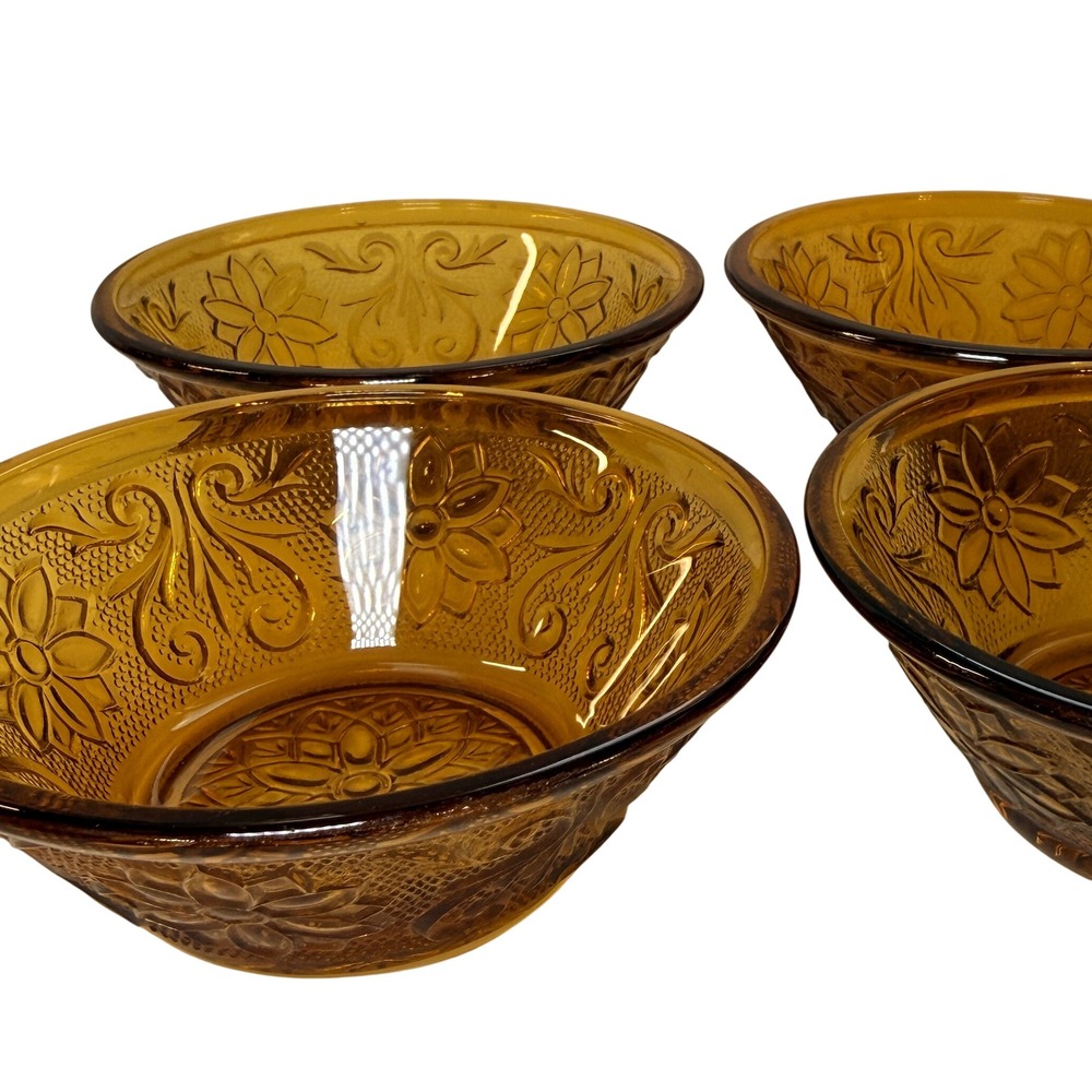 Vintage Tiara Sandwich Amber Glass Berry Dessert Bowls Set of 4 Floral 5 inch